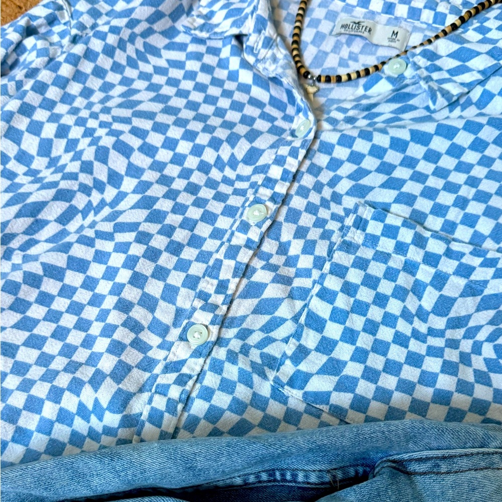 blue checkered button-up crop top